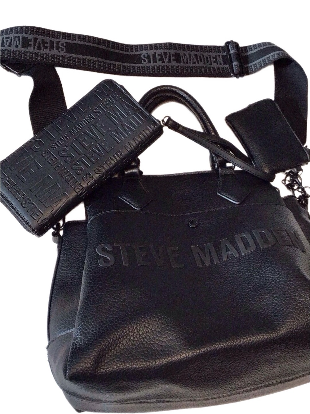 Steve Madden Black Pebbled Leather Tote with Logo Strap Zip Wallet Coin Pouch